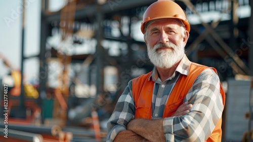 An elderly engineer with a beard and mustache on his face, stands and smiles, arms crossed over his chest, at a construction site. 