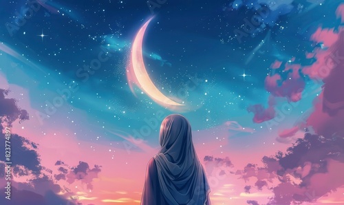 A girl wearing a hijab, standing with her back turned and looking at the crescent moon in the sky full of stars photo