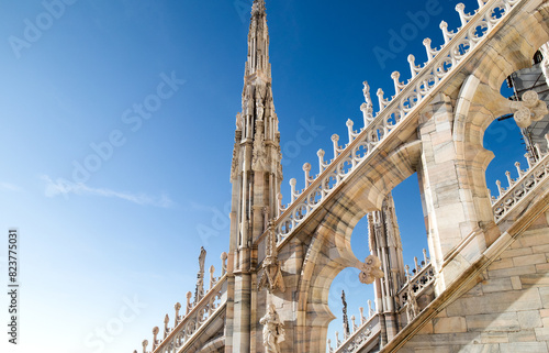 View of Gothic architecture and art on the roof of Milan Cathedral (Duomo di Milano), Italy photo