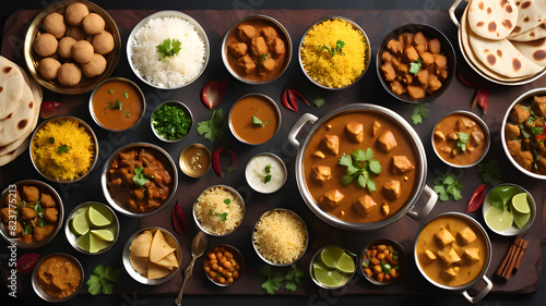 Desi  Indian traditional food set  top view  Generative AI