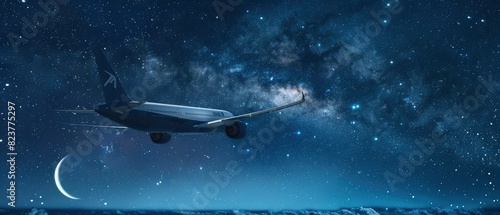 Flying passenger plane flies against the background of stars and moon