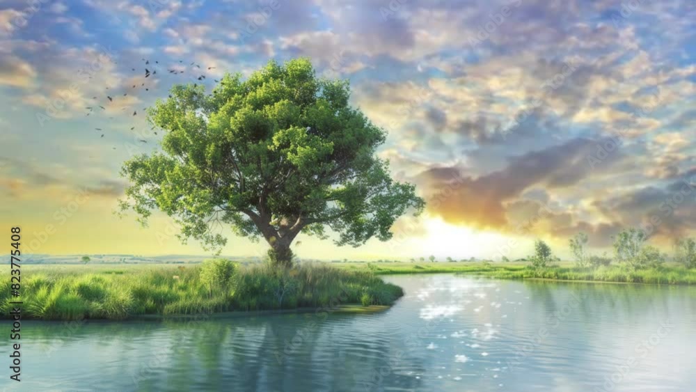 beautiful nature landscape in the sunset with lake and trees background. with cartoon or anime style background. seamless looping time-lapse virtual 4k video animation background. beautiful nature landscape in the sunset with lake and trees background. with cartoon or anime style background. seamless looping time-lapse virtual 4k video animation background.