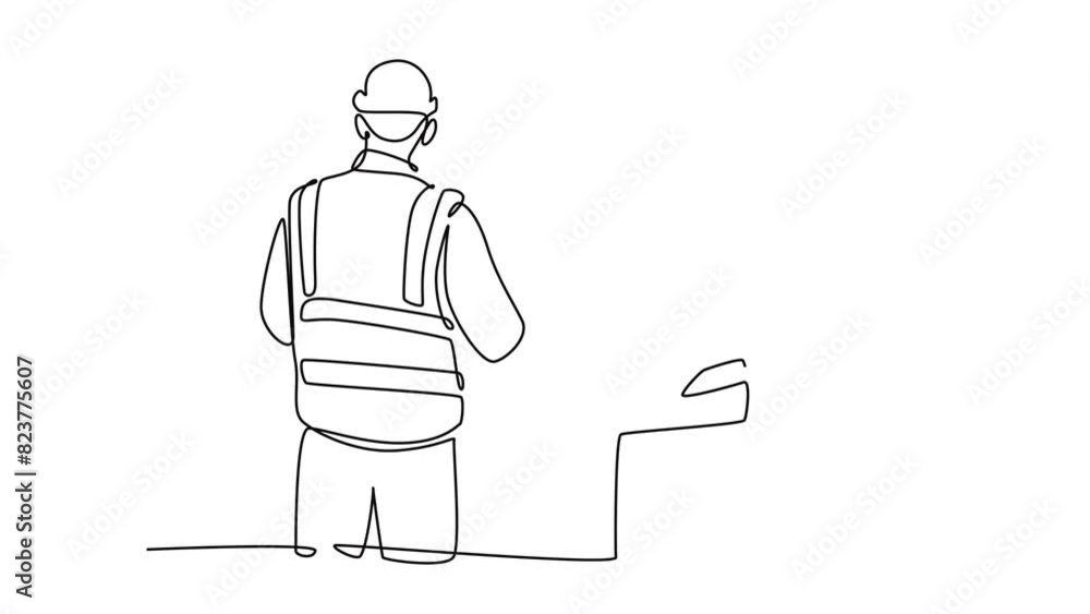 Animated self drawing continuous line draw young foreman construction builder meeting with business owner talking building facility. Building architecture business. Full length single line animation Animated self drawing continuous line draw young foreman construction builder meeting with business owner talking building facility. Building architecture business. Full length single line animation