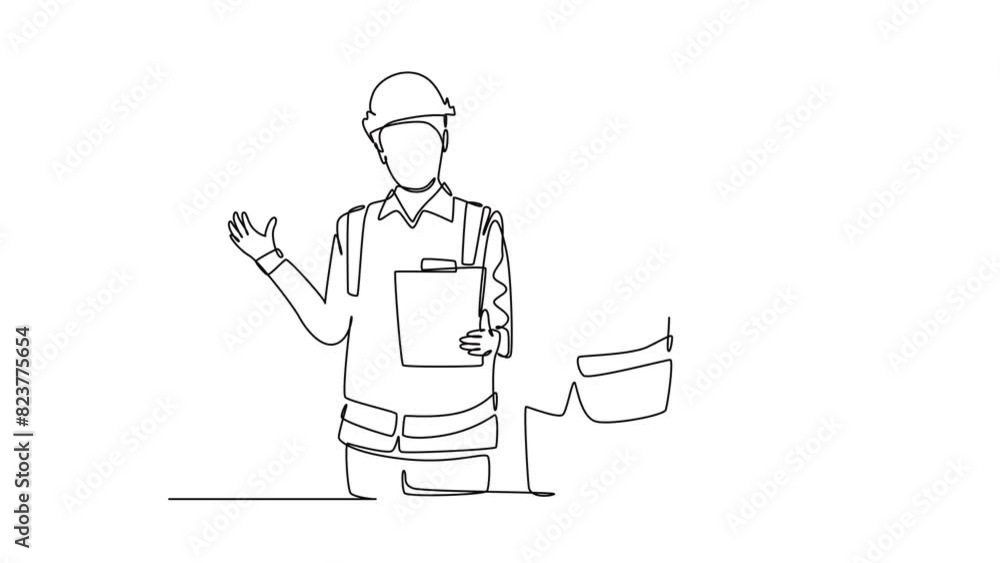 Animated self drawing of continuous line draw active young construction manager do short brief to builder coordinator on site. Building architecture business concept. Full length single line animation