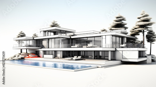 3d rendered illustration of a modern 2 story house with with white background