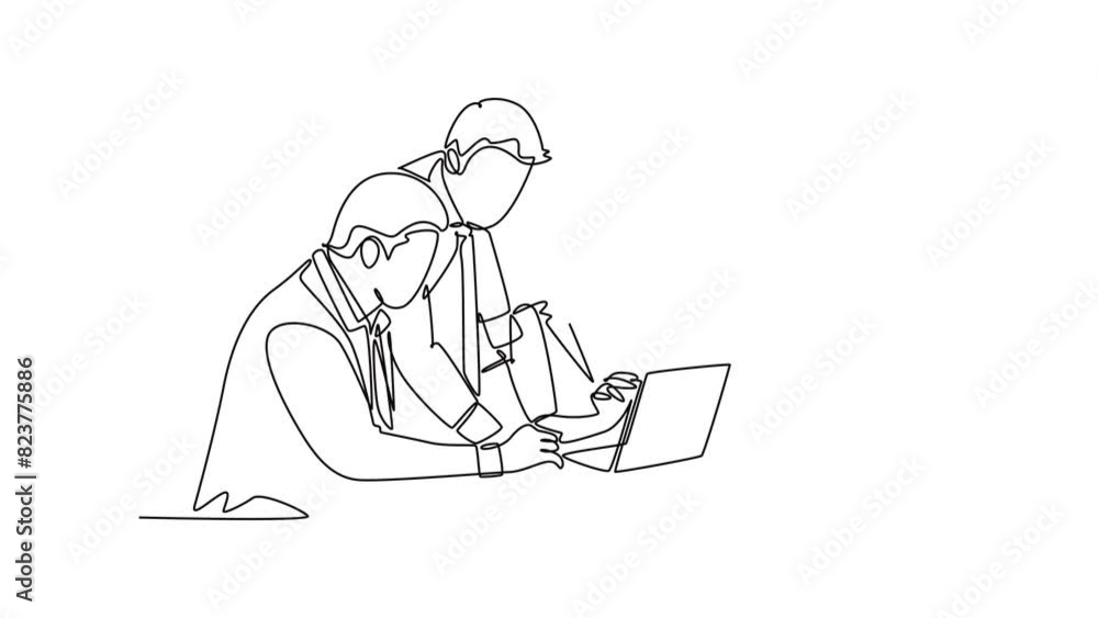 Animated self drawing of continuous line draw of young business man and business woman discussing project learning data graph on laptop screen. Business meeting concept. Full length one line animation Animated self drawing of continuous line draw of young business man and business woman discussing project learning data graph on laptop screen. Business meeting concept. Full length one line animation
