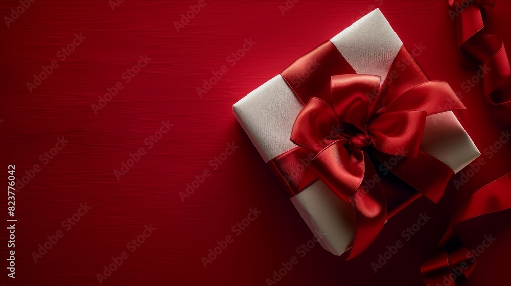 Elegant gift box with red ribbon on vibrant red background Elegant gift box with red ribbon on vibrant red background