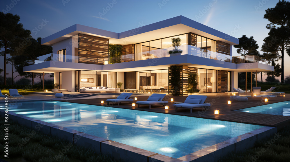 Obraz premium 3d rendered modern house with swimming pool