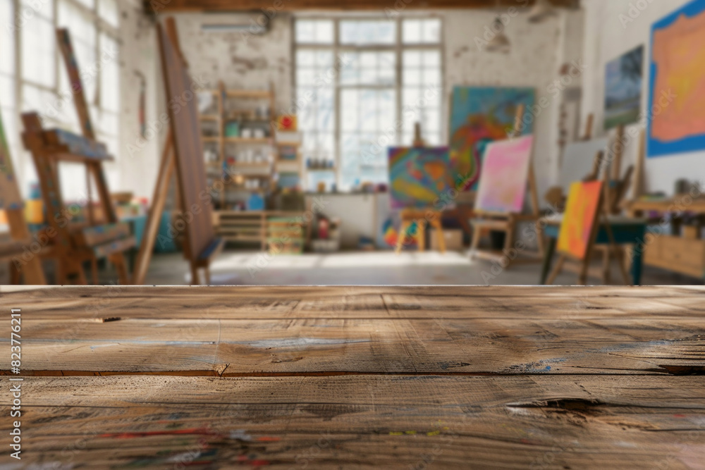 A wooden table in the foreground with a blurred background of an art studio. The background includes easels with canvases, paintbrushes, palettes, colorful paintings on the walls, and shelves A wooden table in the foreground with a blurred background of an art studio. The background includes easels with canvases, paintbrushes, palettes, colorful paintings on the walls, and shelves