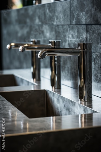 Washing sinks with taps in a modern public restroom interior