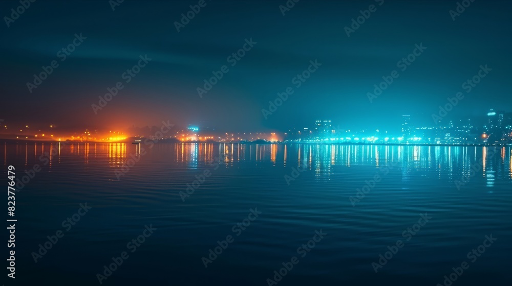 Cityscape at night with reflections in water under a dark sky Cityscape at night with reflections in water under a dark sky