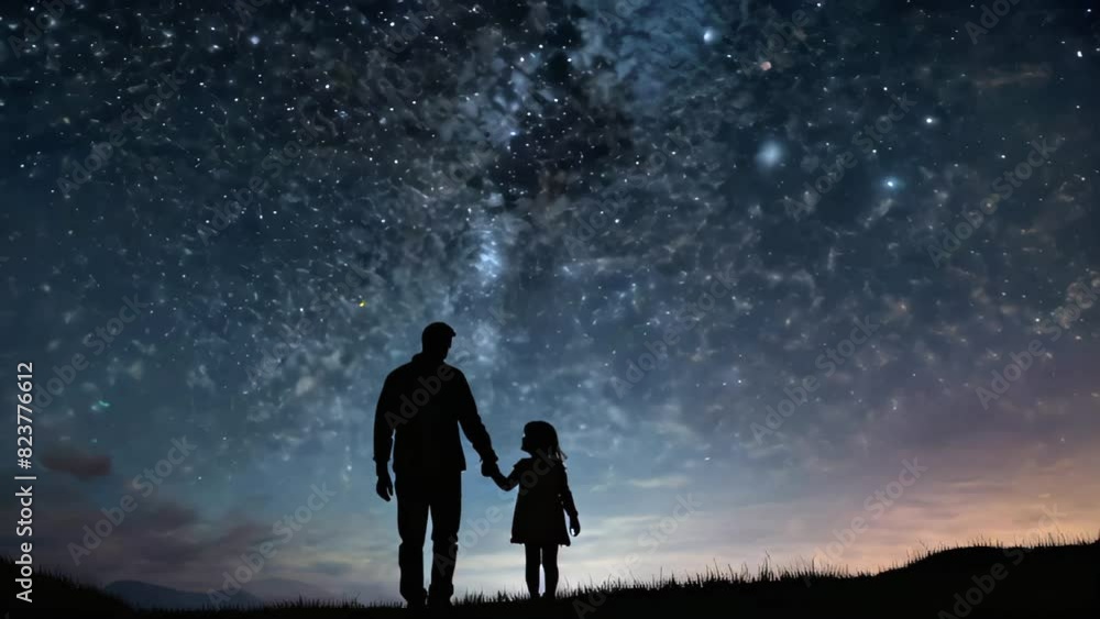 3d animation a poignant moment of father and a daughter in silhouette, hand in hand, under a vast, starry night sky, celebrating fathers day. 3d animation a poignant moment of father and a daughter in silhouette, hand in hand, under a vast, starry night sky, celebrating fathers day.