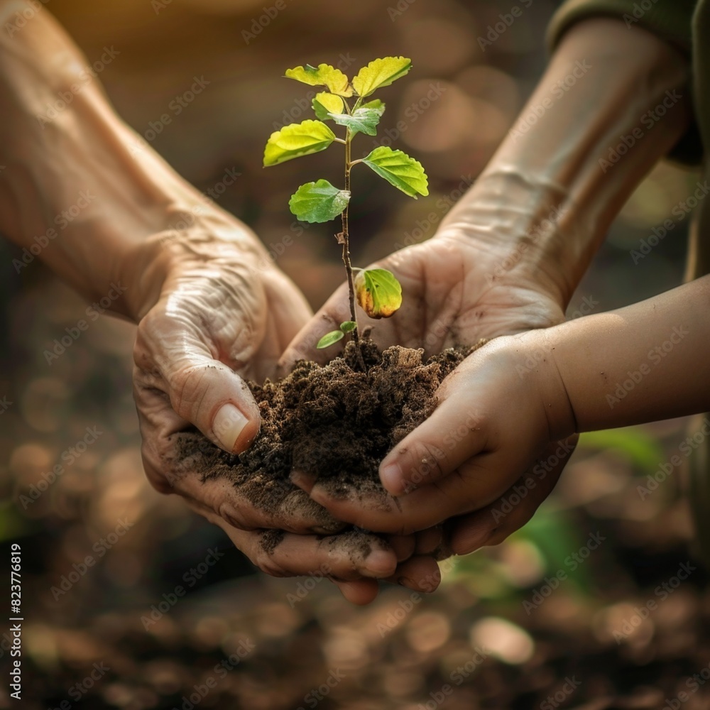 Fototapeta premium Mom and her child sapling tree. Young plant sprouting from soil in hands cradle, growth and care plant