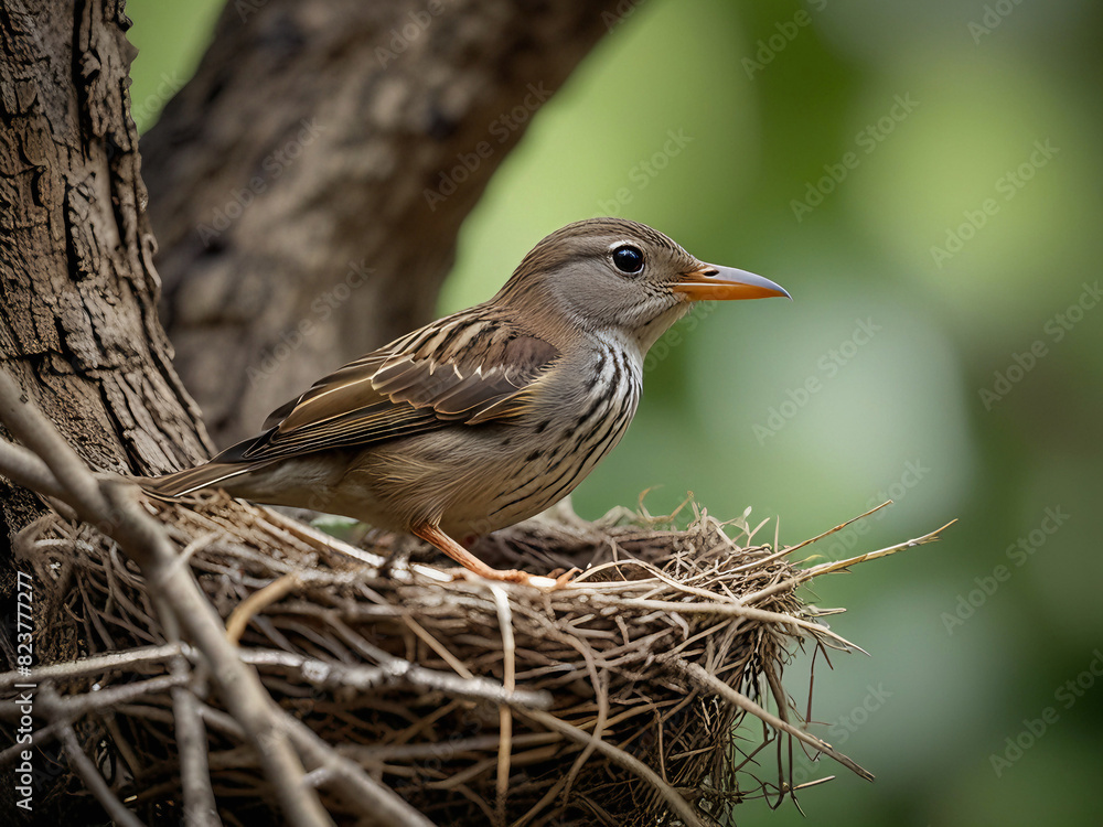 The bird is in the nest on the tree. The bird is in the nest on the tree.