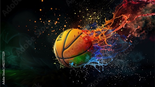 Colorful basketball ball with explosion of colors Bright colors on a black background Dynamic composition in sports photography style © naphat