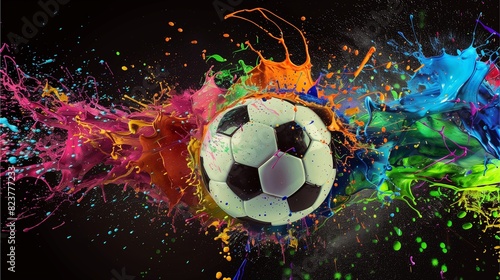 A soccer ball with colorful paint splashes flying around  creating an energetic and vibrant visual effect on the black background. The football is prominently displayed in front of the explosion of