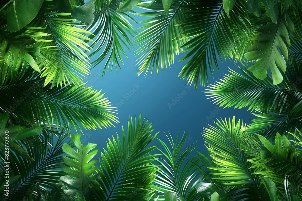 A close up of a lush green forest with a blue sky in the background. Concept of tranquility and serenity, as the viewer is surrounded by the beauty of nature