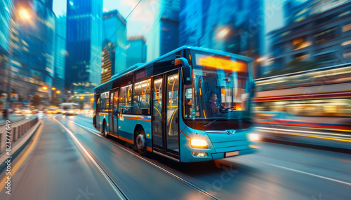 A blue bus is driving down a city street by AI generated image photo