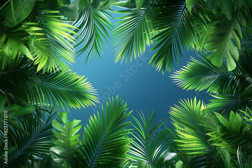 A close up of a lush green forest with a blue sky in the background. Concept of tranquility and serenity  as the viewer is surrounded by the beauty of nature
