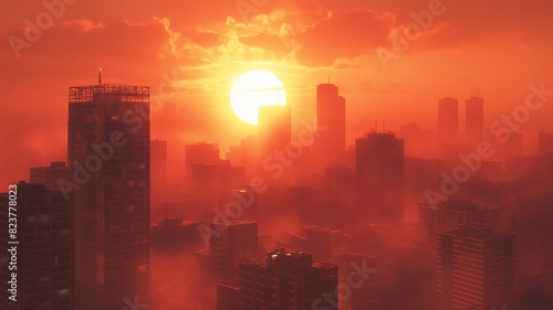 Landscape, urban, cityscape background. Hot summer sun illumination of urban city landscape.