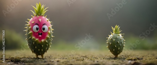Animated dragonfruit with big eyes and a small friend, standing on the ground photo