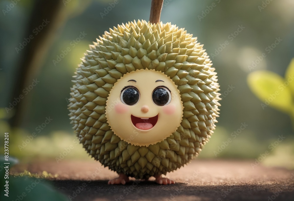 Happy animated durian with big eyes and rosy cheeks, standing on the ground