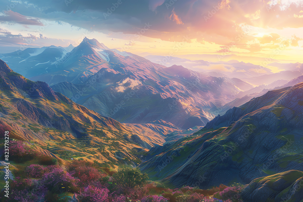 Capture the majestic beauty of a wide-angle view of a mountain range during sunrise, rendered in stunning photorealistic detail with vibrant hues and delicate brush strokes