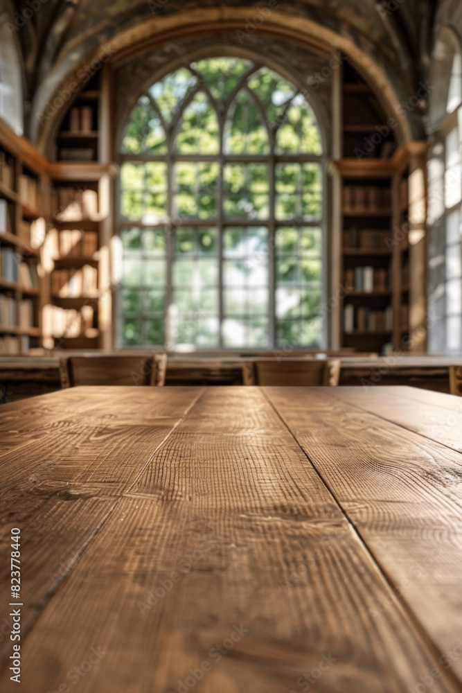 A wooden table in the foreground with a blurred background of a library reading room. The background features tall bookshelves filled with books, comfortable reading chairs and large windows A wooden table in the foreground with a blurred background of a library reading room. The background features tall bookshelves filled with books, comfortable reading chairs and large windows