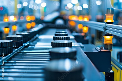 An industrial production line with many machines and conveyor belts. The machines are producing metal parts.