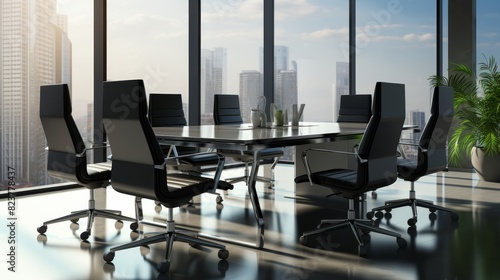 Office meeting room table with black chairs and big windows on the background 
