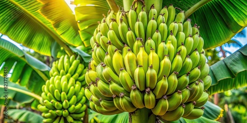A cluster of green and yellow bananas hanging from a banana tree with large green leaves and bracts, symbolizing agriculture and exportation of tropical fruits photo