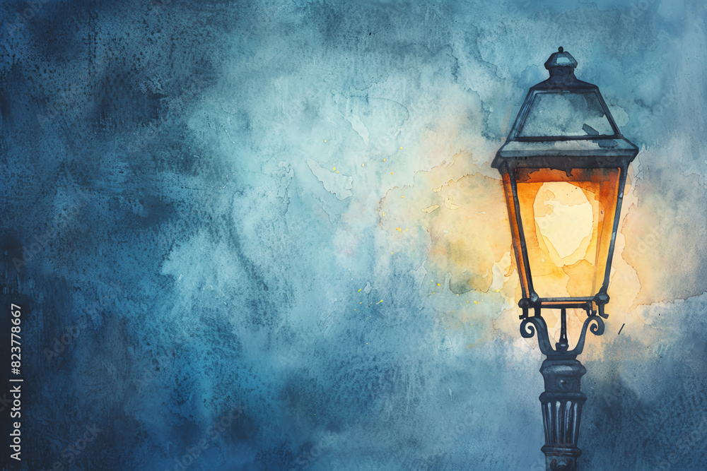 Illustrate a close-up frontal perspective of a vintage streetlamp glowing softly in a misty evening, enhancing the romantic ambiance with delicate watercolor strokes Illustrate a close-up frontal perspective of a vintage streetlamp glowing softly in a misty evening, enhancing the romantic ambiance with delicate watercolor strokes