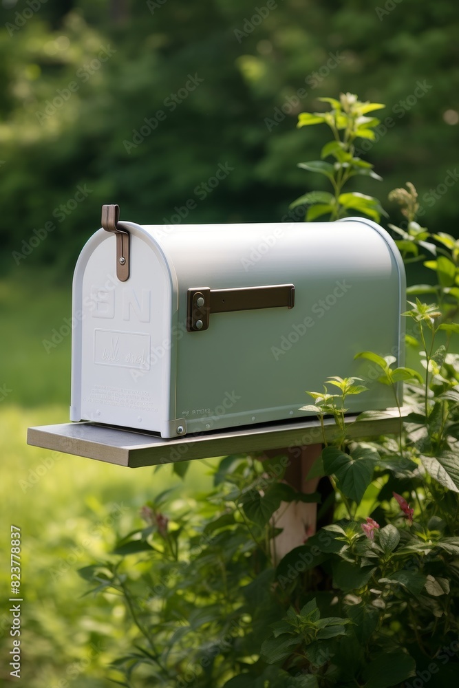 Mailbox with blank letter paper on the yard of house,