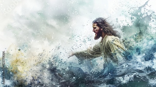 Jesus calming the storm with his command. , watercolor style, white background © Business Pics