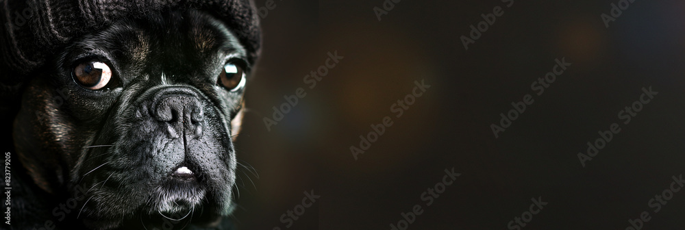 Closeup portrait of a cute French bulldog. French bulldog close-up.