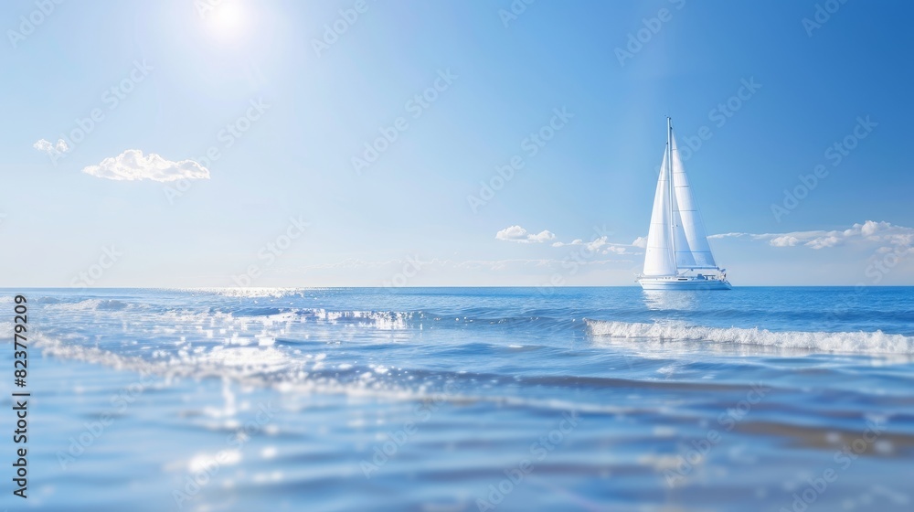 Obraz premium white sailboat in the ocean against clear blue sky, water trip