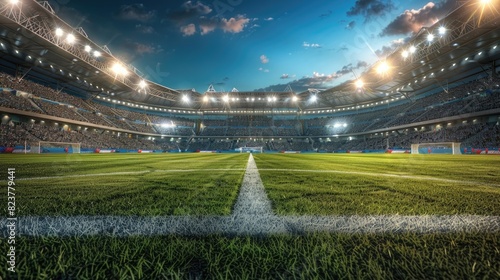 Realistic professional photo of an open soccer stadium with lights and fans during the game on the grass field, taken with a wide angle and high resolution.
