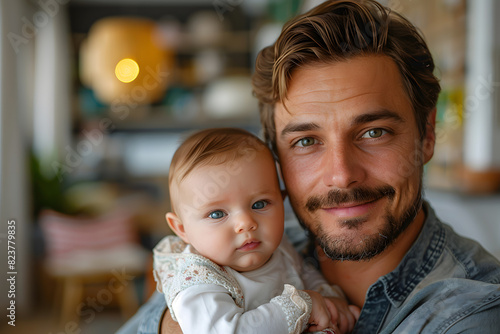 Happy smiling man father plays with daughter or son child. Caring father hugs his baby tenderly. Father's Day or Children's Day concept