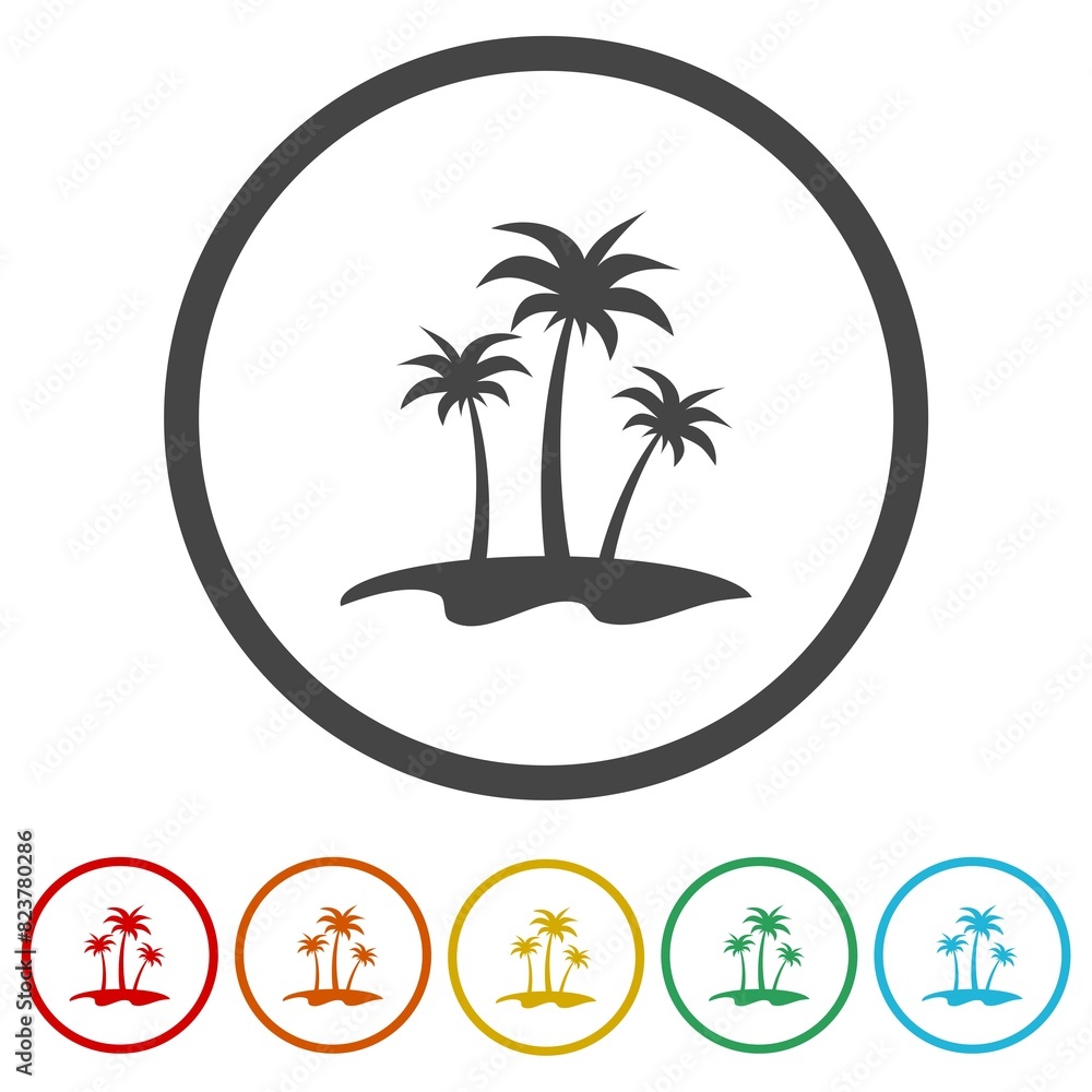 Palms island icon. Set icons in color circle buttons