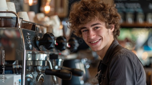 Young Barista at Espresso Machine photo