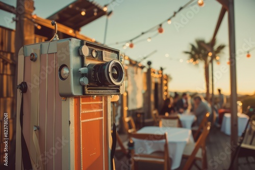 A vintage-looking photo booth sits on a patio near a beach. photo