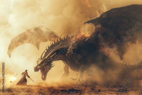 Mythical Dragon Slayer epic battle scene, realistic