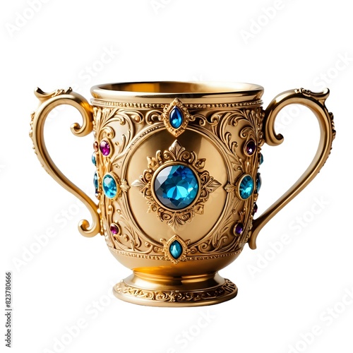Luxury golden cup with gemstone and vintage decoration isolated on white background (ID: 823780666)