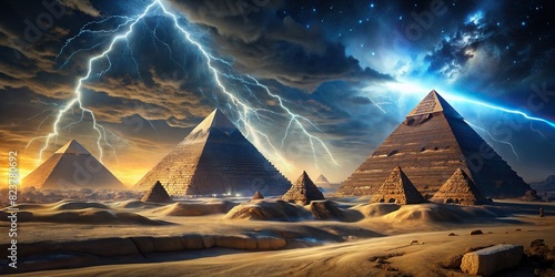 Artist impression of Ancient Egyptian pyramids as a power generator during an electromagnetic storm at night  fueling conspiracy theories of alien involvement in a sci-fi setting 