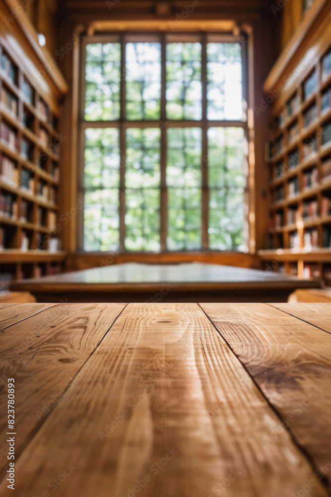 A wooden table in the foreground with a blurred background of a library reading room. The background features tall bookshelves filled with books, comfortable reading chairs and large windows A wooden table in the foreground with a blurred background of a library reading room. The background features tall bookshelves filled with books, comfortable reading chairs and large windows