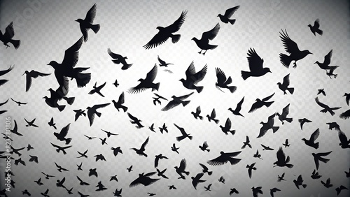 Assortment of flying bird shapes in black color on a clear background