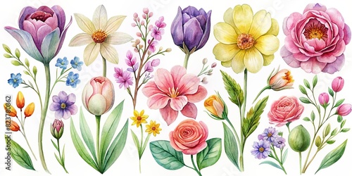 Assortment of hand-painted watercolor spring florals on a white background