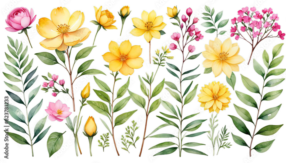 watercolor arrangements illustration garden flowers set yellow pink botanic collection leaves branches botanical bouquet tree branch bunch element floral flower green herbal isolated leaf nature herb