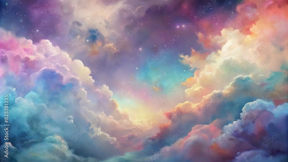 Beautiful watercolor backdrop featuring a mix of pastel shades and fluffy clouds in a rainbow of colors 