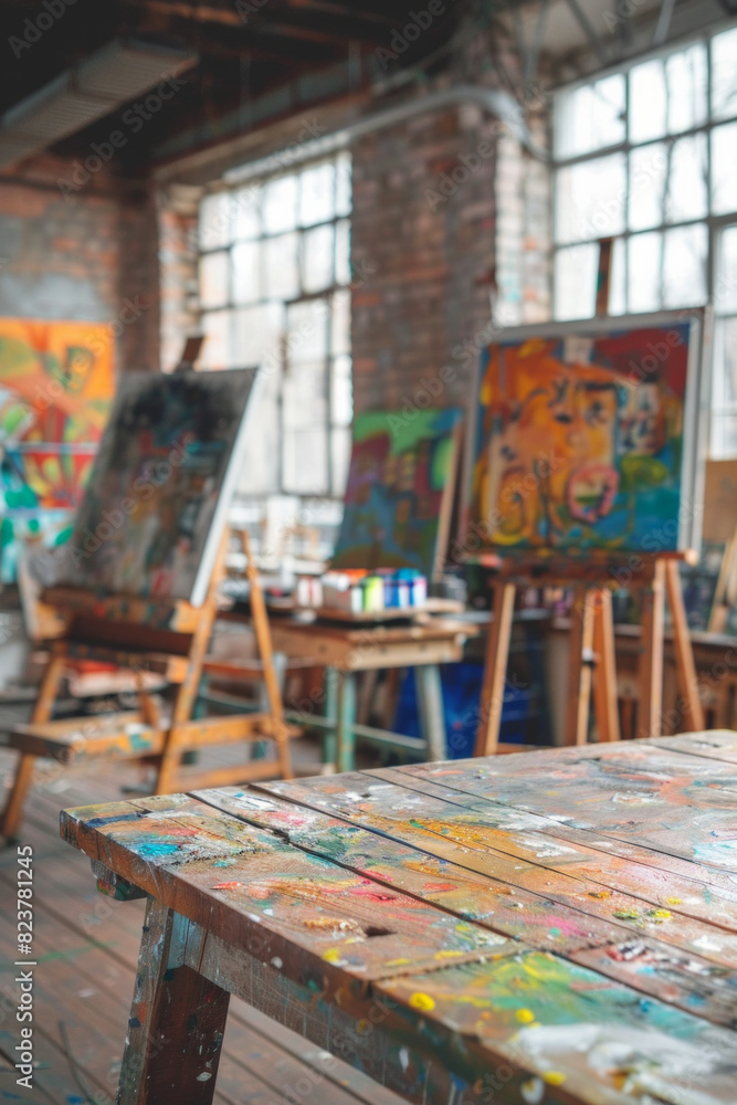 Fototapeta premium A wooden table in the foreground with a blurred background of an art studio. The background includes easels with canvases, paintbrushes, palettes, colorful paintings on the walls, and shelves